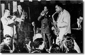 Birdland, 15 dicembre 1949: Max Kaminsky, Lester Young, Lips Page, Charlie Parker, and Lennie Tristano. 